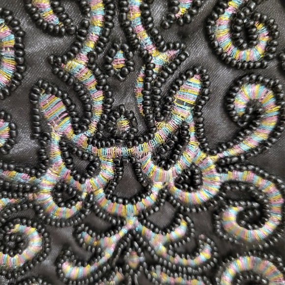 Black Beaded with Shimmery Pastel Ikat Pattern Satin Formal Evening Purse - Picture 3 of 7